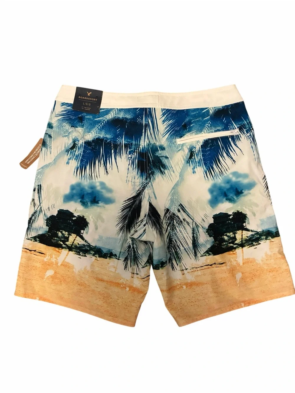 American Eagle Mens Tropical Palm Tree Boardshorts Blue White 10in Inseam Large